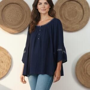 J. Jill Navy Blue Embroidered Flare Sleeve Top Blouse Large Cotton